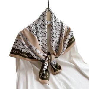 2/$30 Silk Feeling Beige White Brown Chain Print Square Scarf